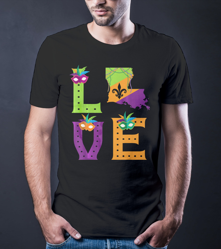 Love Mardi Gras Louisiana Fleur-de-lis Mask Beads T-Shirt