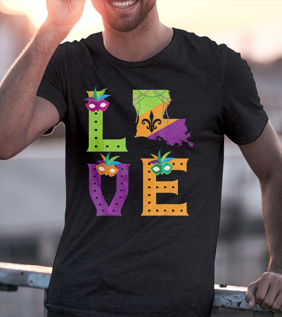 Love Mardi Gras Louisiana Fleur-de-lis Mask Beads T-Shirt