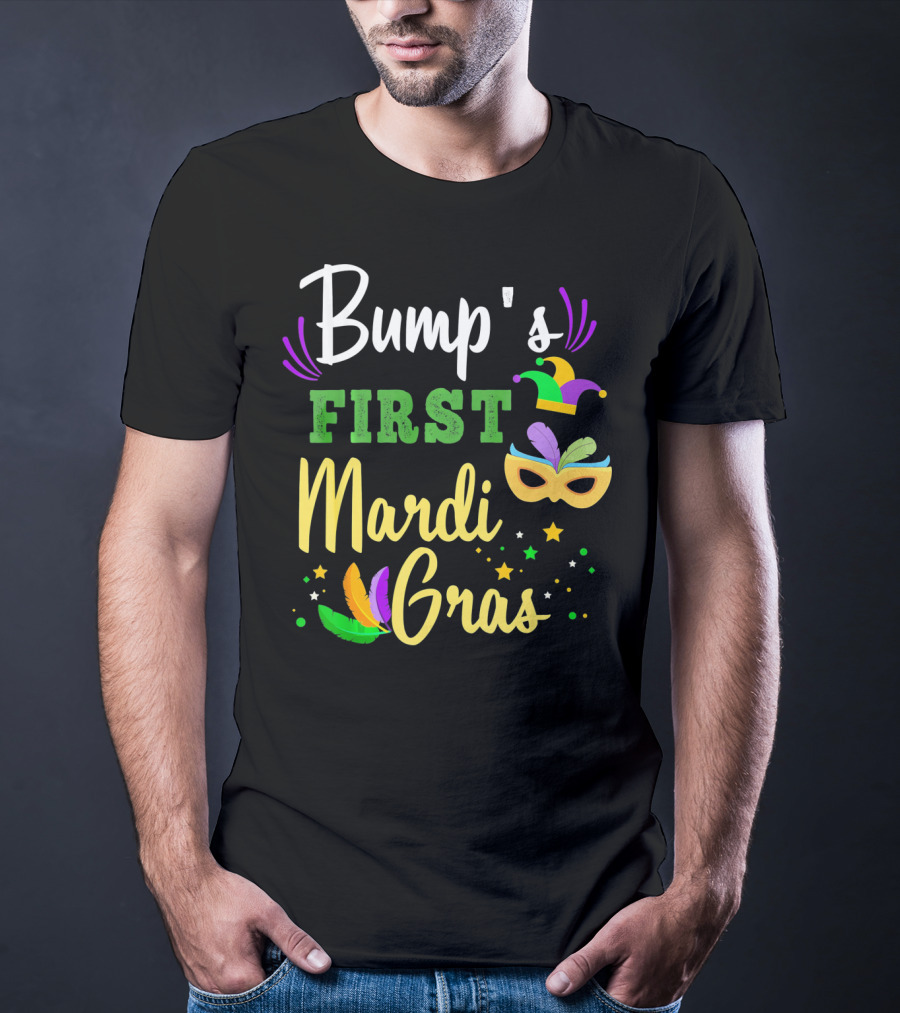 Bump's First Mardi Gras Jester Hat Mask Feathers Stars T-Shirt