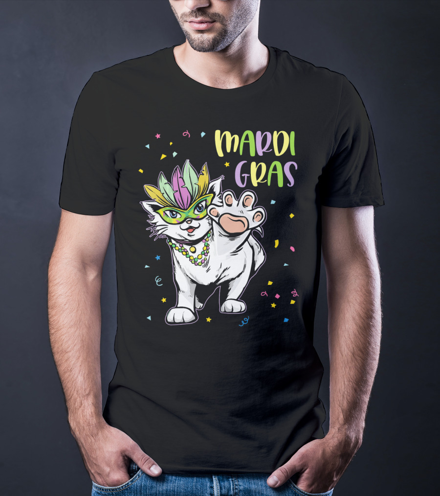 Mardi Gras Masked Cat Dancing With Beads And Confetti T-Shirt