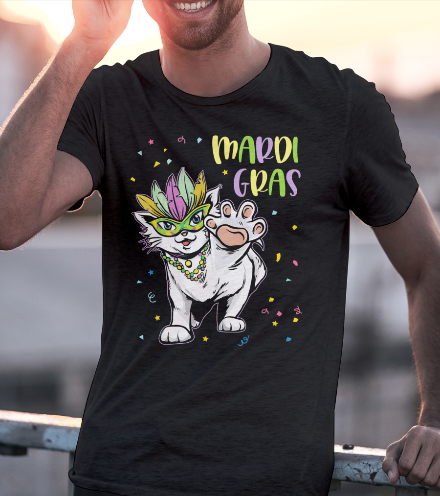 Mardi Gras Masked Cat Dancing With Beads And Confetti T-Shirt