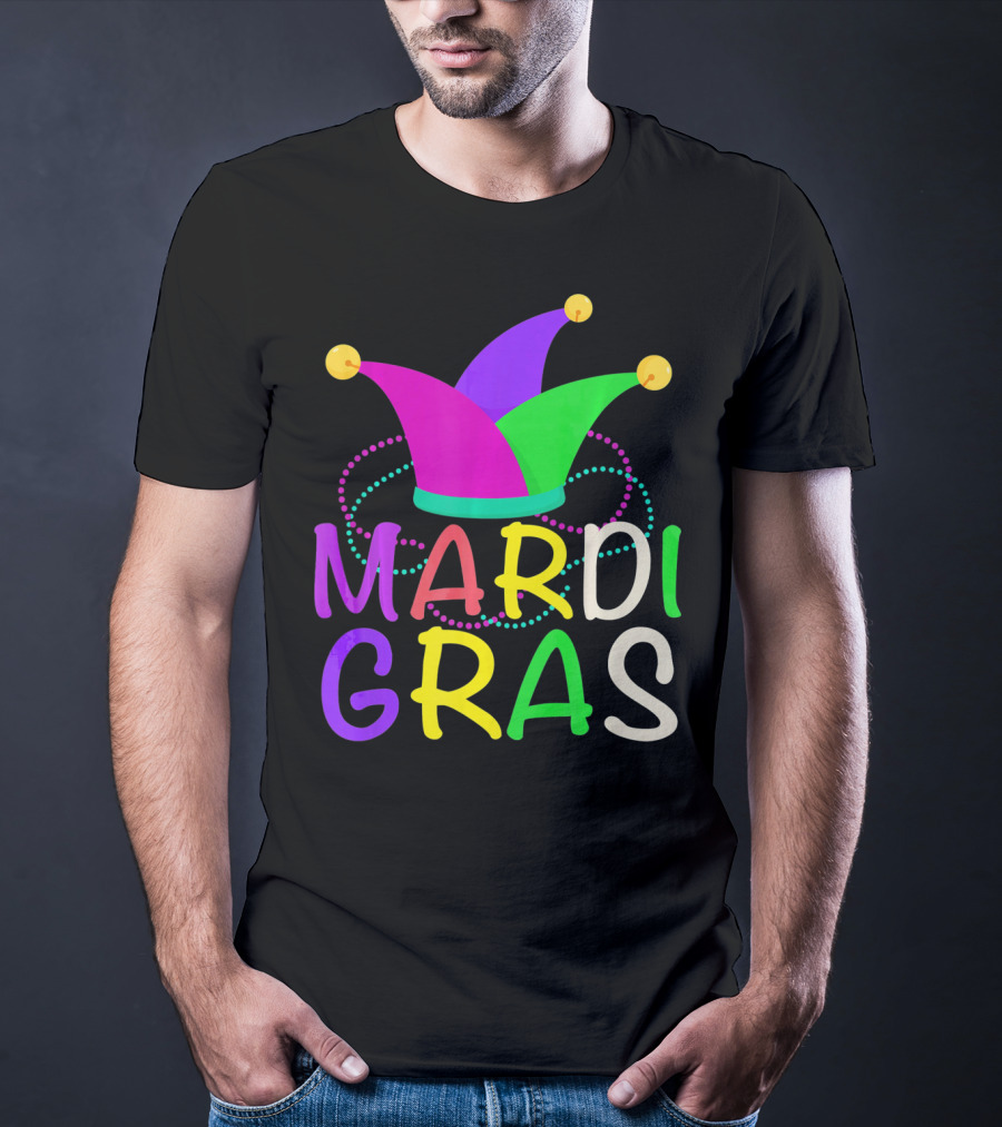 Mardi Gras Jester Hat Colorful Beads T-Shirt
