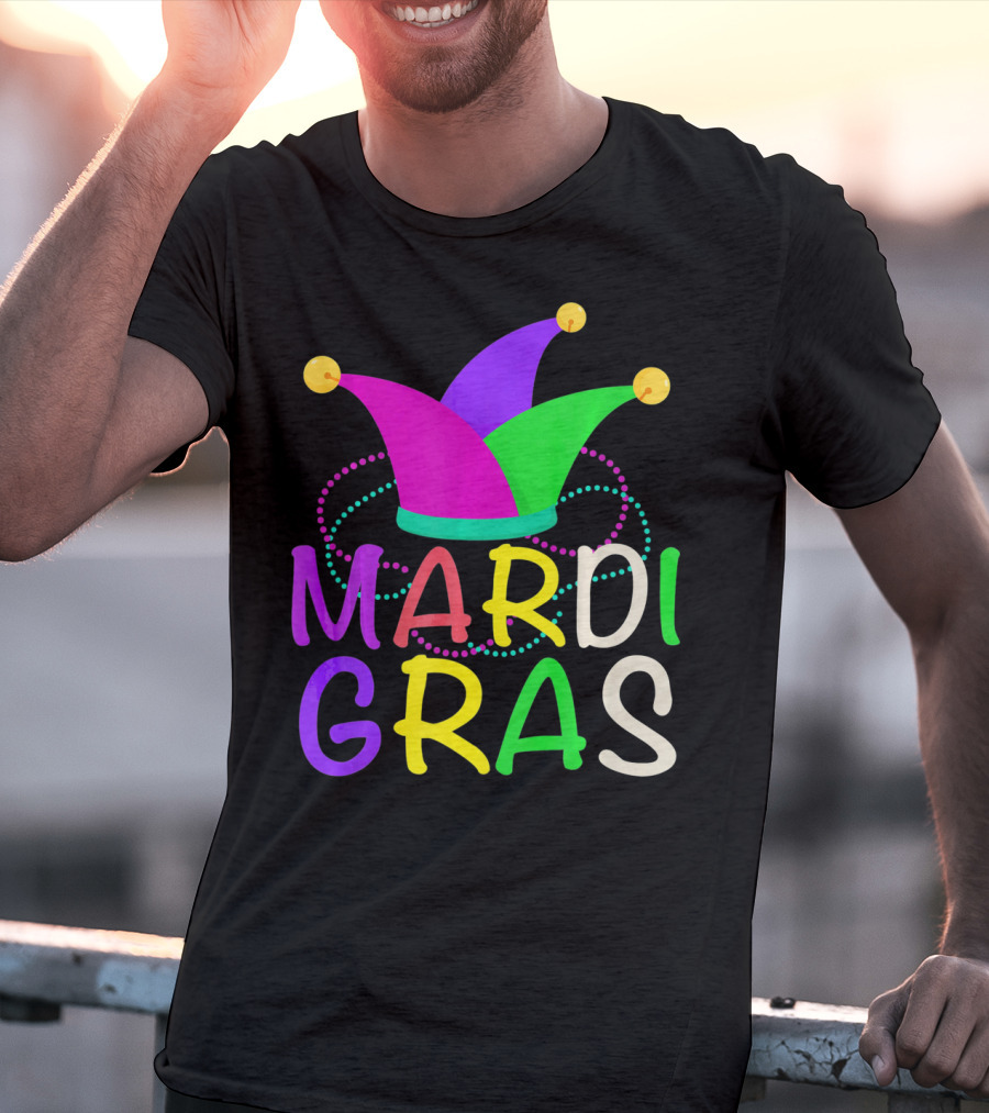 Mardi Gras Jester Hat Colorful Beads T-Shirt