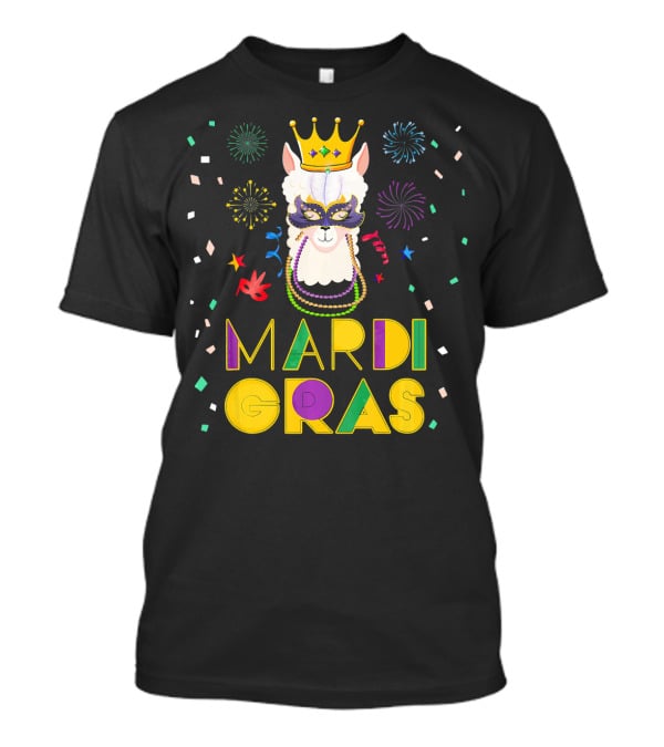 Mardi Gras Llama Alpaca Crowns Beads Fun Mask Fireworks T-Shirt