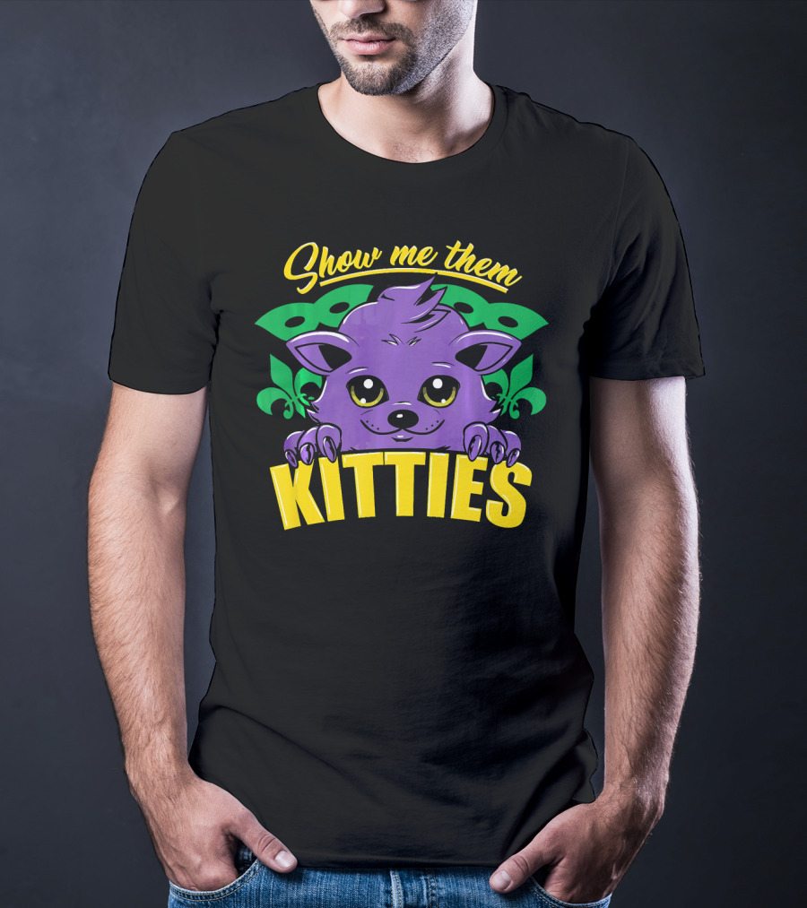 Show Me Them Kitties Mardi Gras Mask Purple Cat Fleur-de-Lis T-Shirt