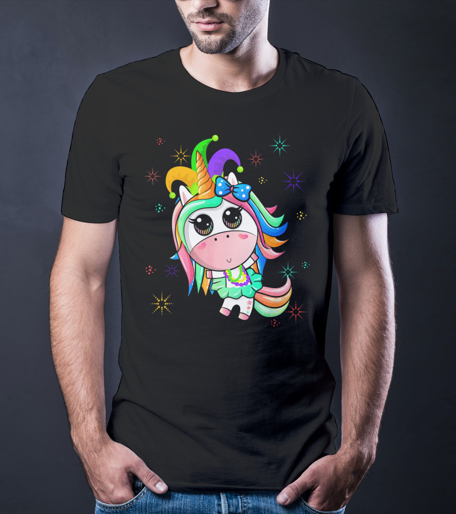 Mardi Gras Unicorn With Colorful Beads And Jester Hat T-Shirt
