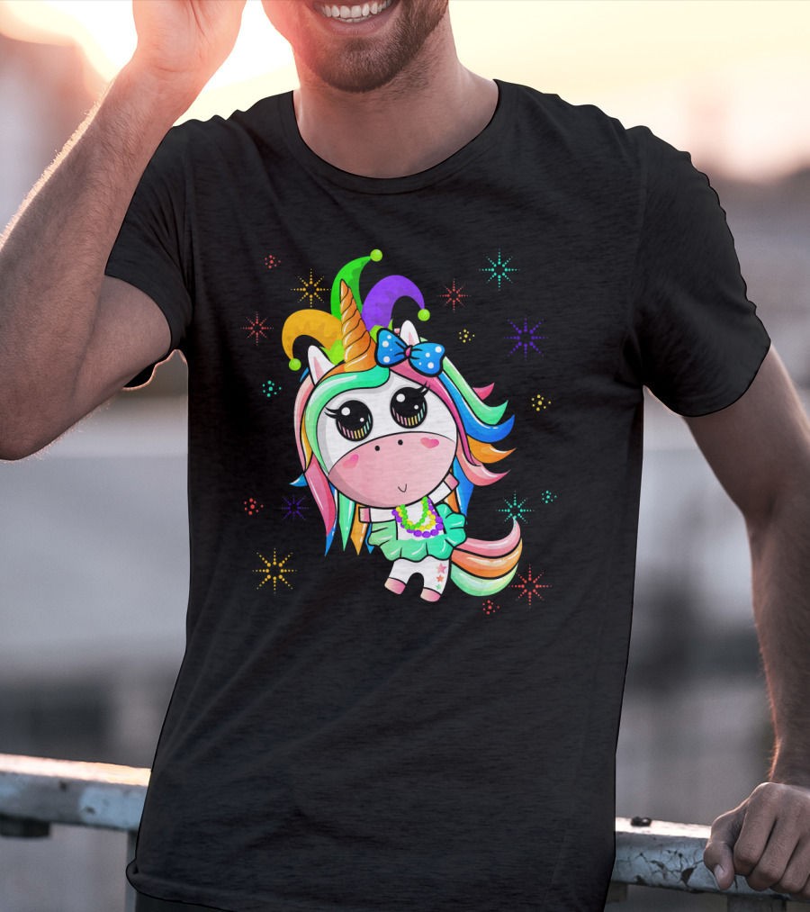 Mardi Gras Unicorn With Colorful Beads And Jester Hat T-Shirt