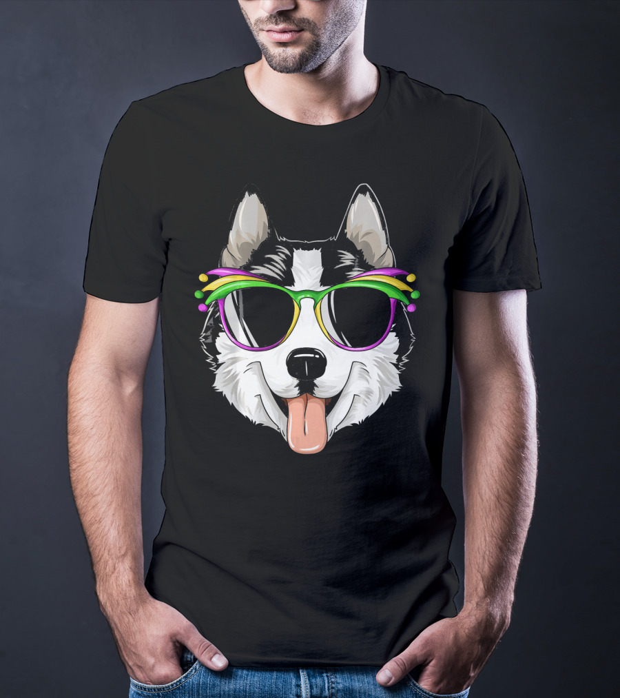 Husky Mardi Gras Carnival Mask Sunglasses Dog T-Shirt