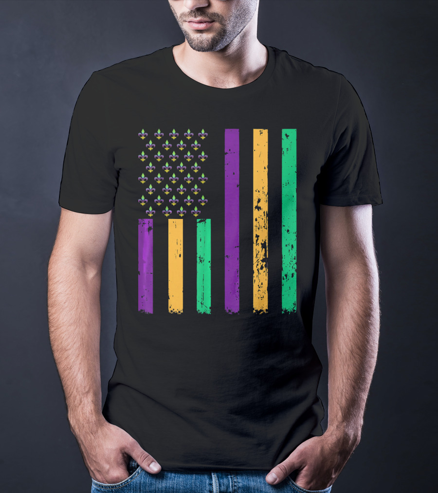 Vintage Fleur-de-Lis Mardi Gras American Flag T-Shirt