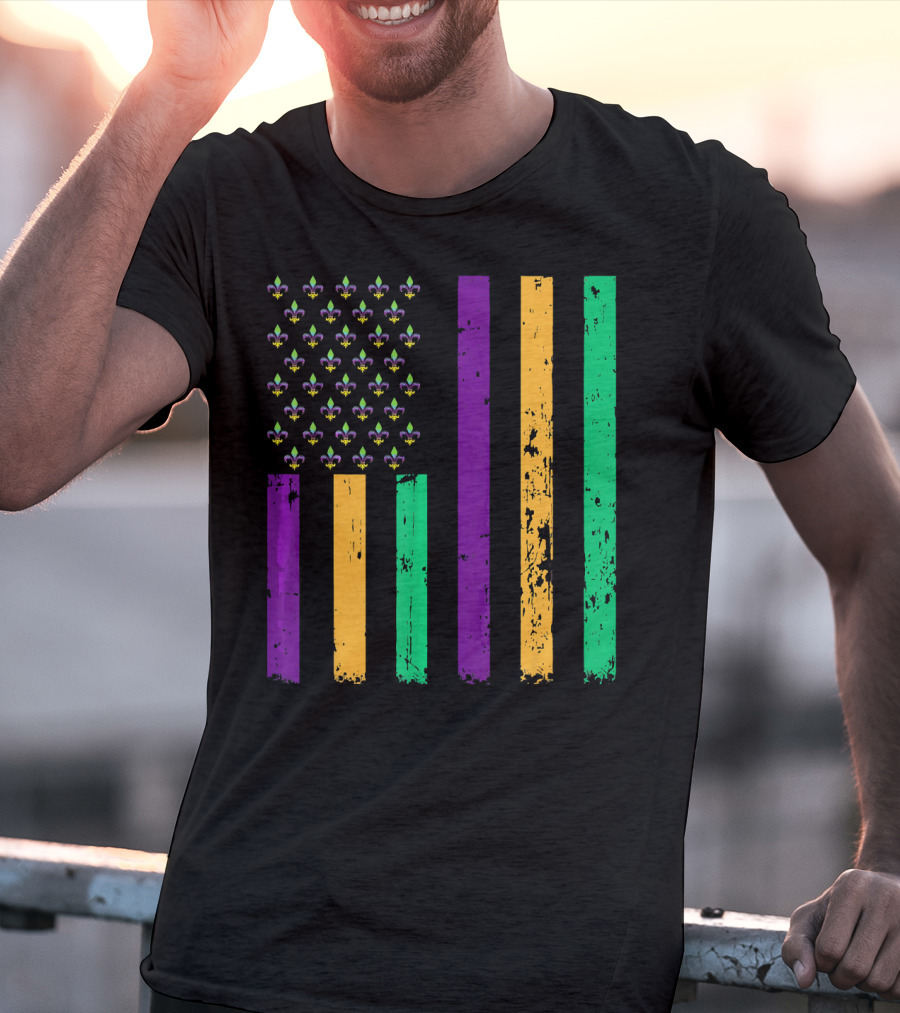 Vintage Fleur-de-Lis Mardi Gras American Flag T-Shirt