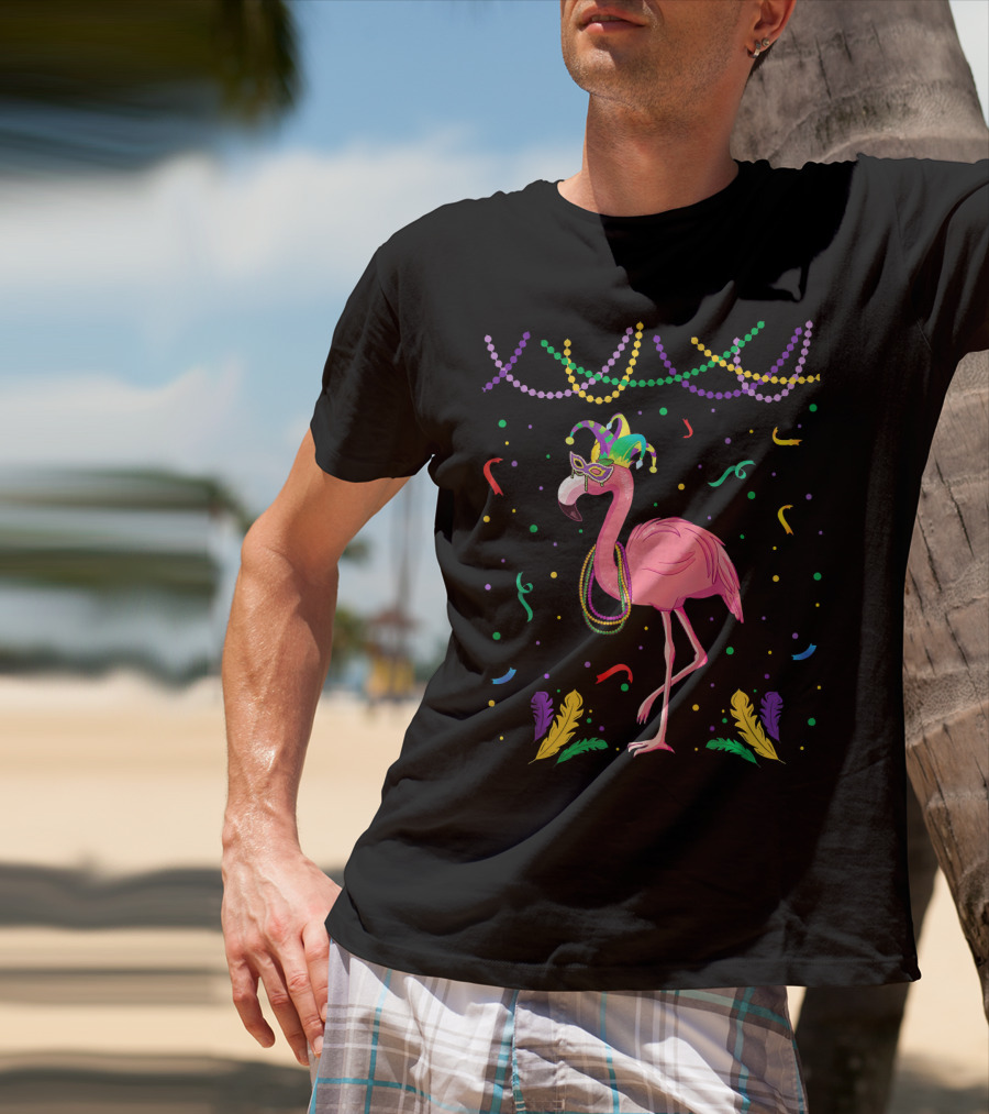 Flamingo Mardi Gras Beads And Mask T-Shirt