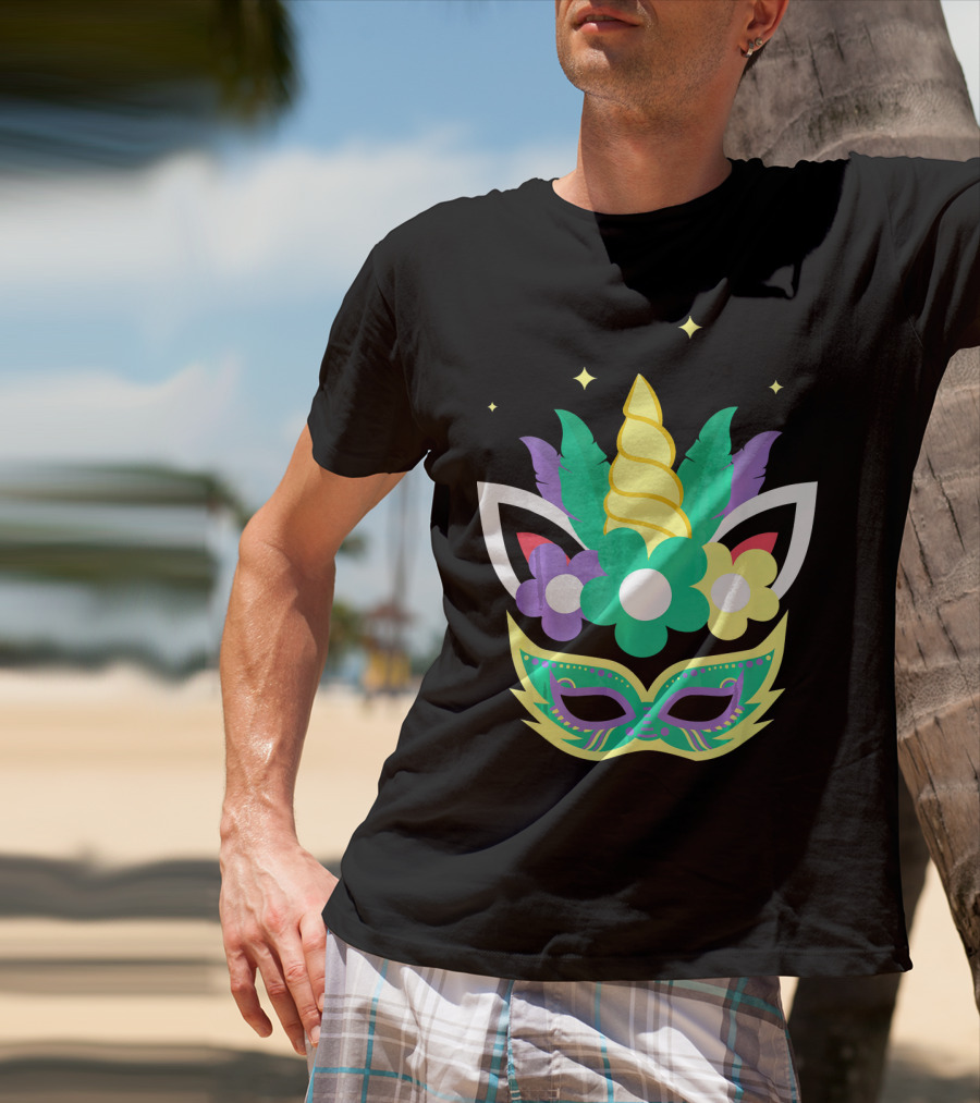 Unicorn Mardi Gras Mask With Flowers And Stars T-Shirt