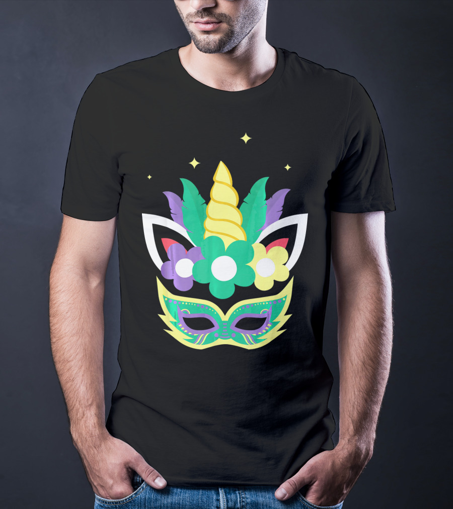 Unicorn Mardi Gras Mask With Flowers And Stars T-Shirt