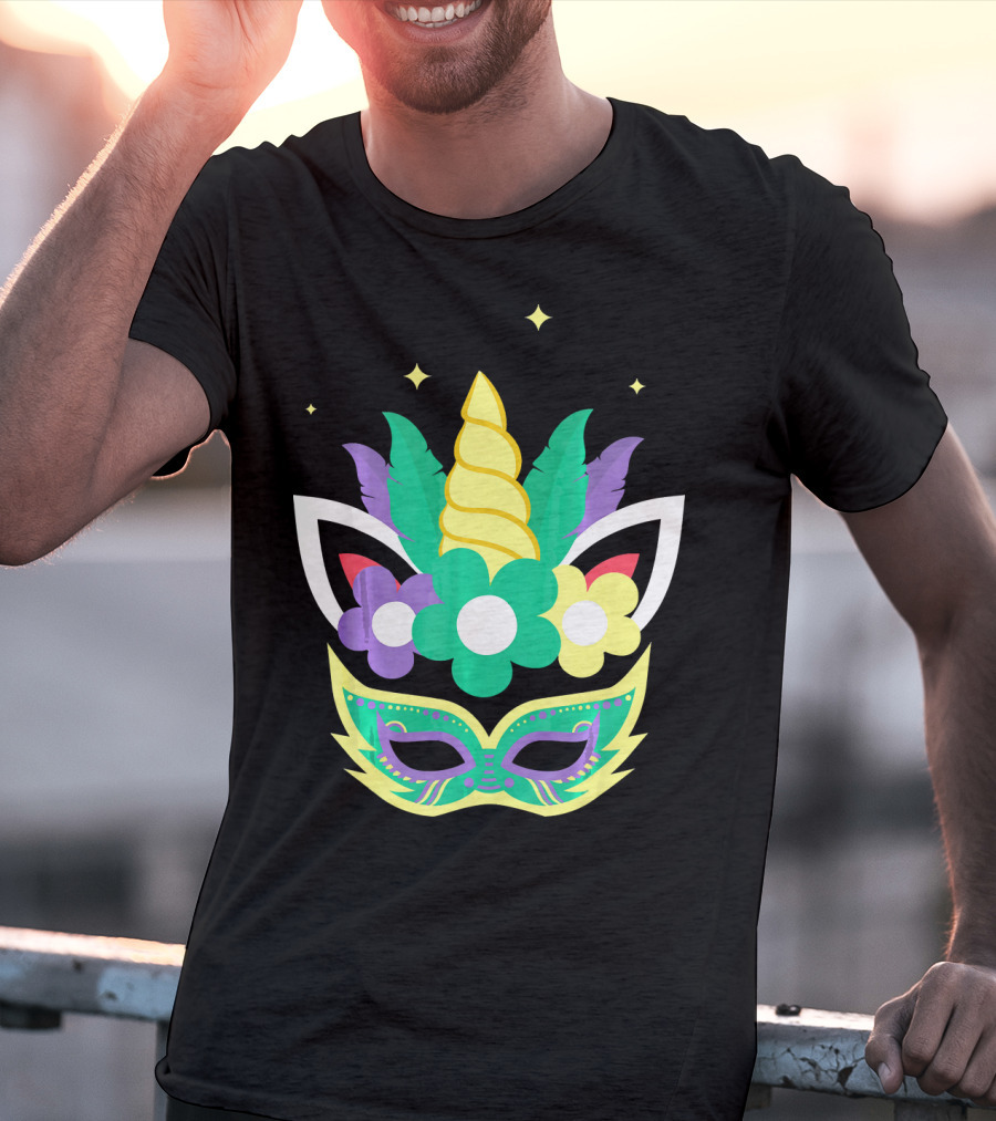 Unicorn Mardi Gras Mask With Flowers And Stars T-Shirt