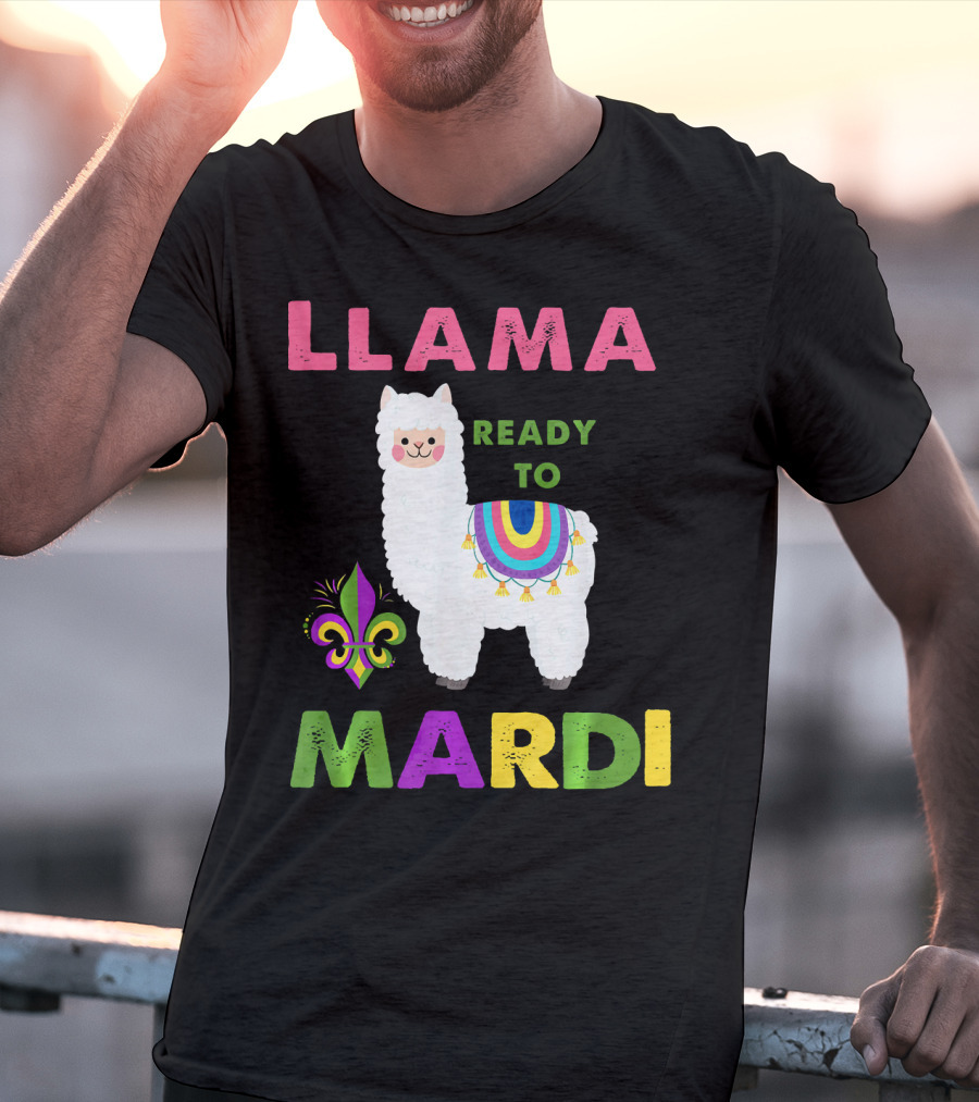 Llama Ready To Mardi Gras Fleur De Lis Festival Colors T-Shirt