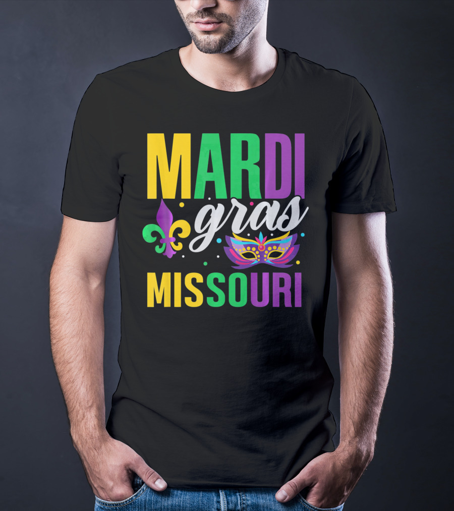 Mardi Gras Missouri Parade Beads Fleur-de-Lis Mask T-Shirt