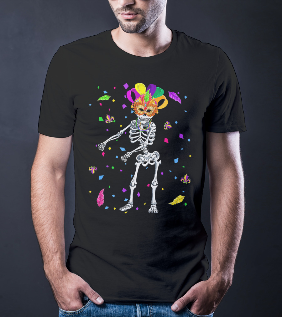 Flossing Skeleton Mardi Gras Jester Hat Beads Masquerade Mask T-Shirt