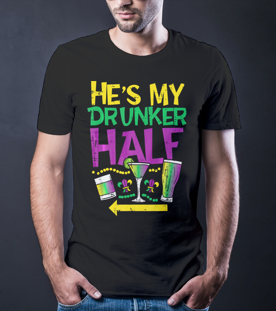 He's My Drunker Half Mardi Gras Couple Matching Party Drink Icons T-Shirt