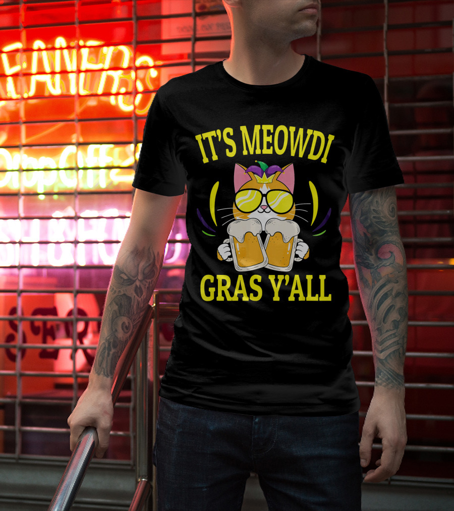 It's Meowdi Gras Y'all Cat With Beers And Sunglasses T-Shirt