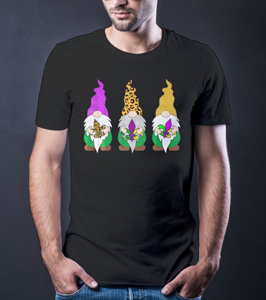Mardi Gras Festival Colors Glitter Leopard Pattern Gnomes With Fleur-de-Lis T-Shirt