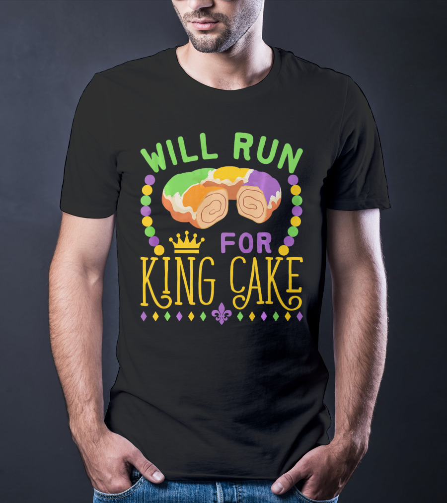 Will Run For King Cake Mardi Gras Festival Beads And Pastry Fleur-de-lis Colors T-Shirt
