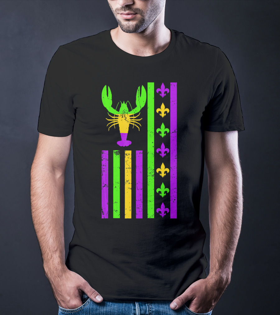 American Flag Mardi Gras Crawfish Fleur-de-Lis Stripes T-Shirt