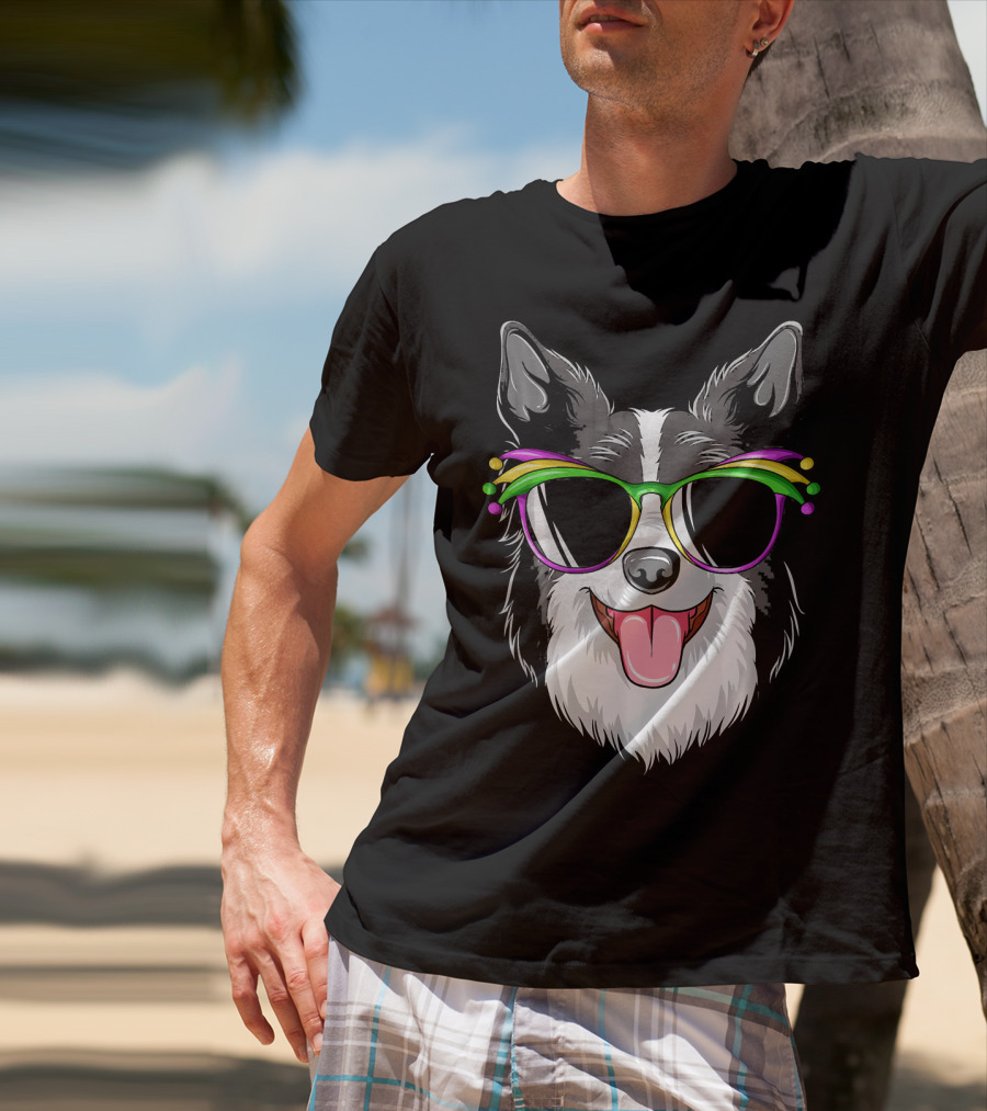 Collie Wearing Mardi Gras Carnival Mask With Colorful Glasses T-Shirt