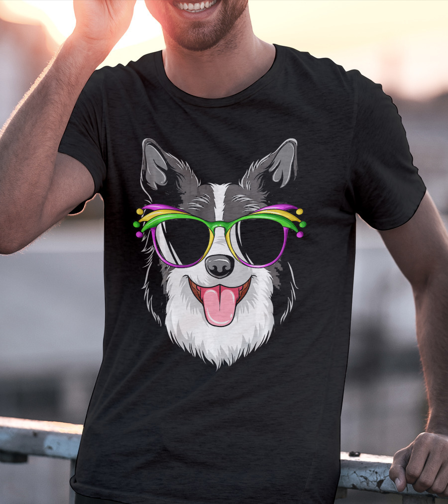 Collie Wearing Mardi Gras Carnival Mask With Colorful Glasses T-Shirt