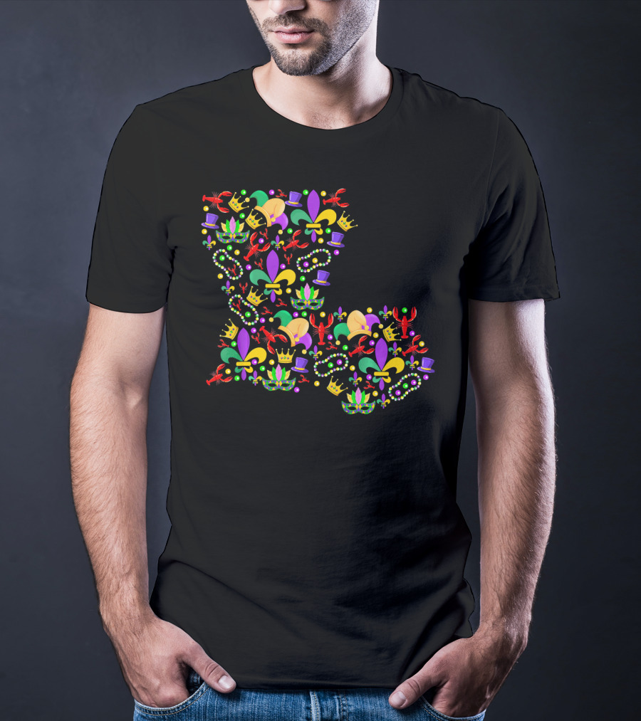 Mardi Gras Crawfish Fleur-de-Lis Beads Crowns Louisiana Map T-Shirt