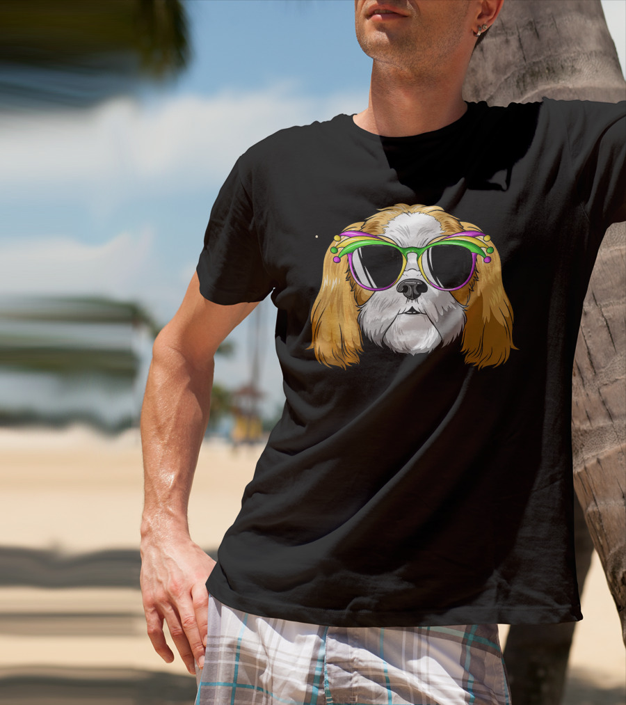 Shih Tzu Wearing Colorful Mardi Gras Carnival Mask Glasses T-Shirt