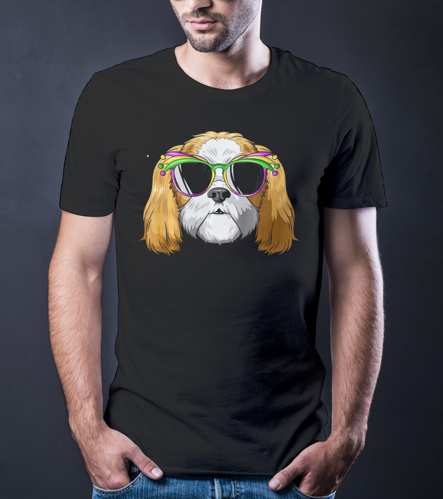 Shih Tzu Wearing Colorful Mardi Gras Carnival Mask Glasses T-Shirt