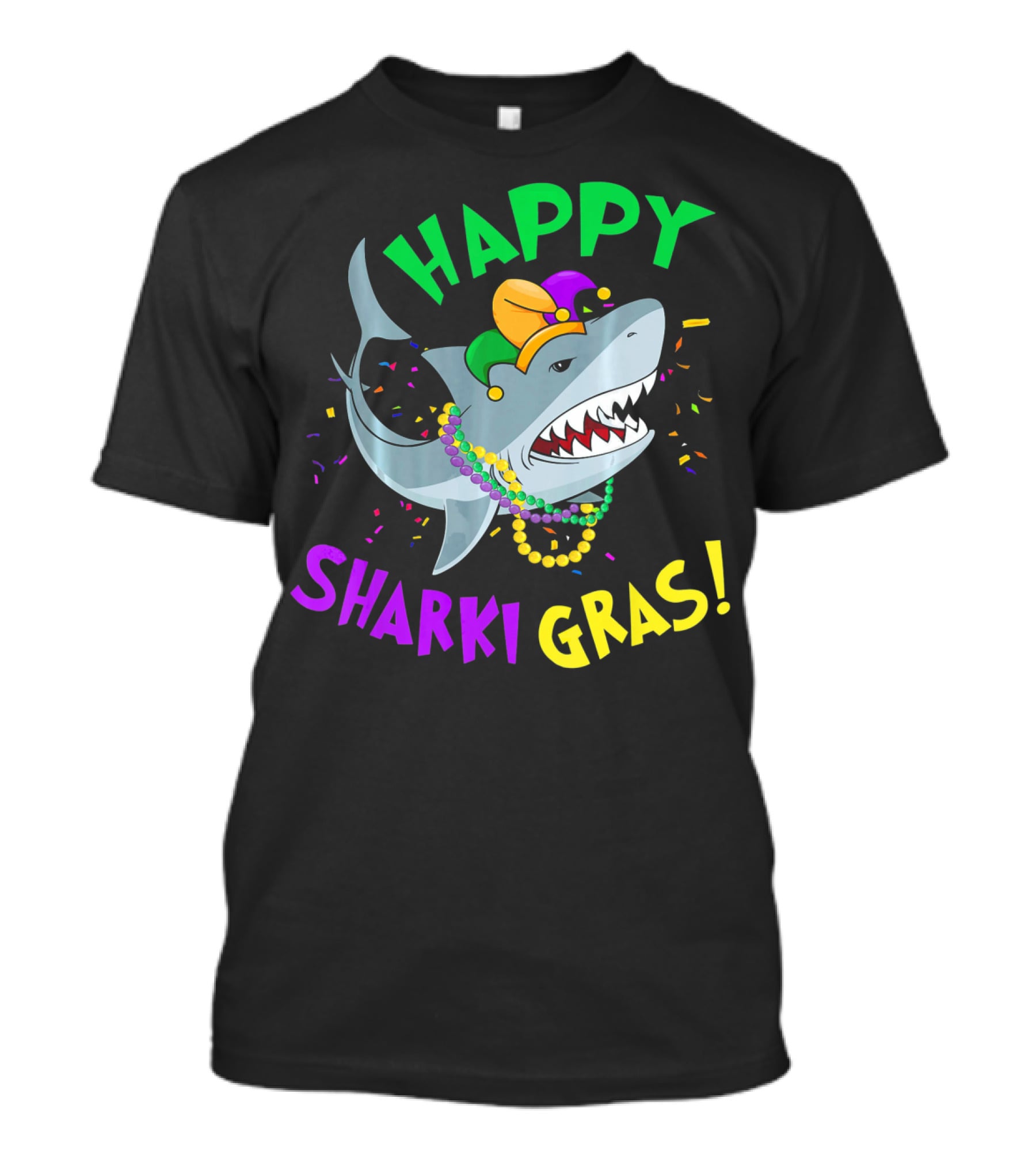Happy Sharki Gras Mardi Gras Shark With Beads And Jester Hat T-Shirt
