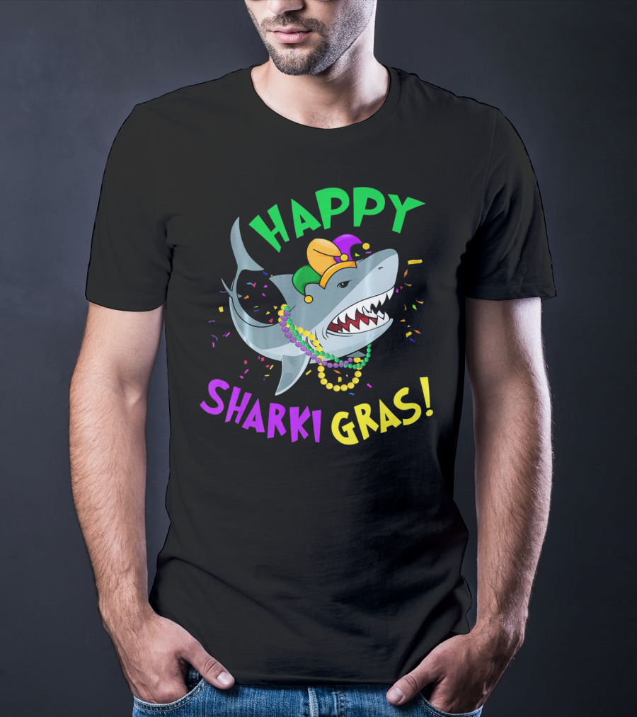 Happy Sharki Gras Mardi Gras Shark With Beads And Jester Hat T-Shirt