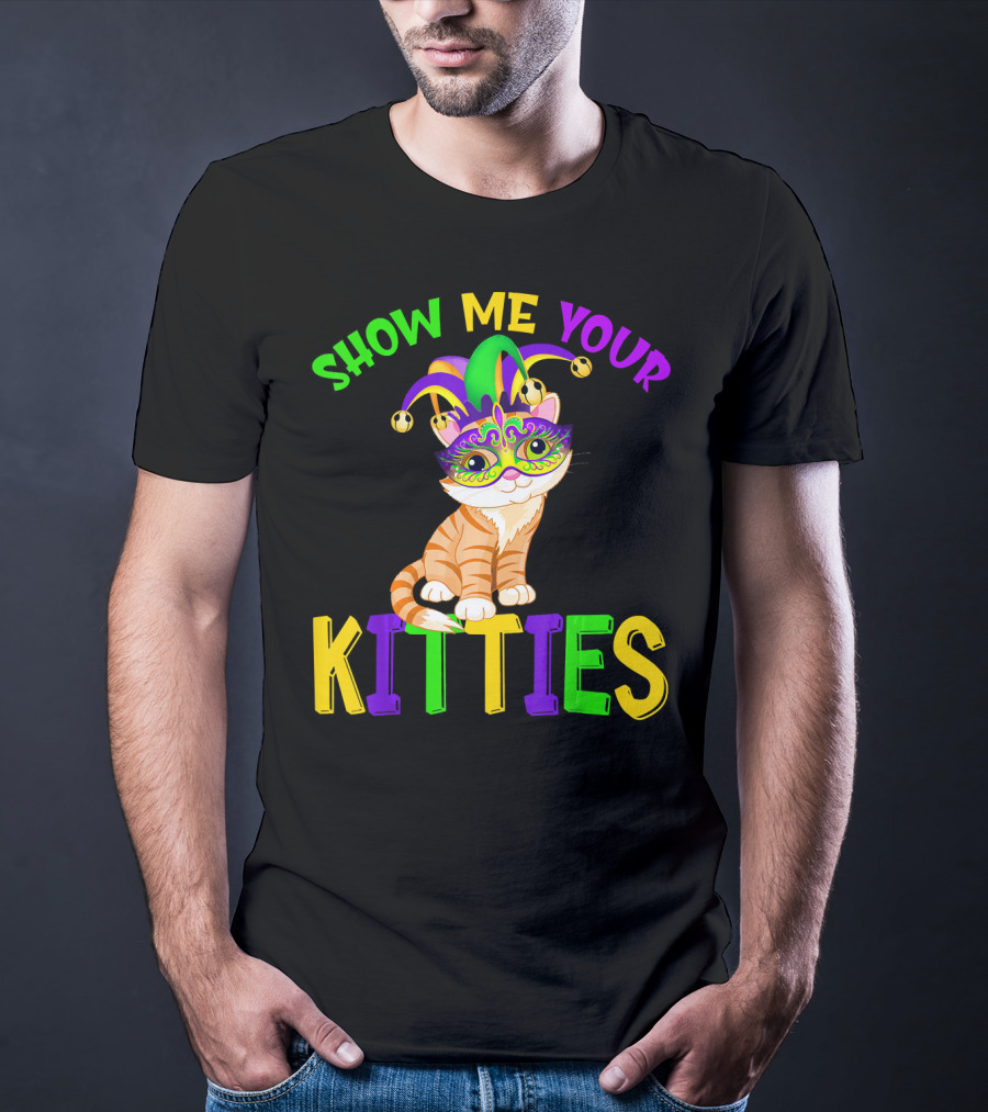 Show Me Your Kitties Cat Lover Jester Mask With Colorful Juggling Hat And Orange Tabby T-Shirt