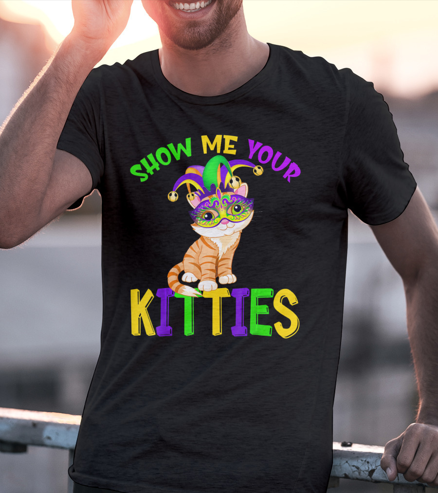 Show Me Your Kitties Cat Lover Jester Mask With Colorful Juggling Hat And Orange Tabby T-Shirt