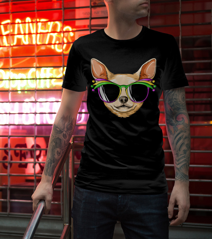 Chihuahua Mardi Gras Carnival Mask Sunglasses T-Shirt