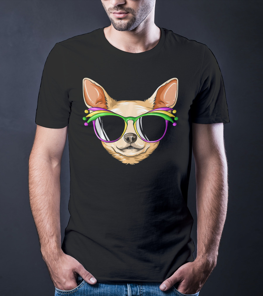 Chihuahua Mardi Gras Carnival Mask Sunglasses T-Shirt