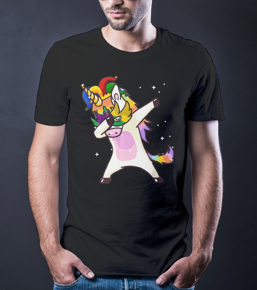 Mardi Gras Dabbing Unicorn Jester Mask Party T-Shirt