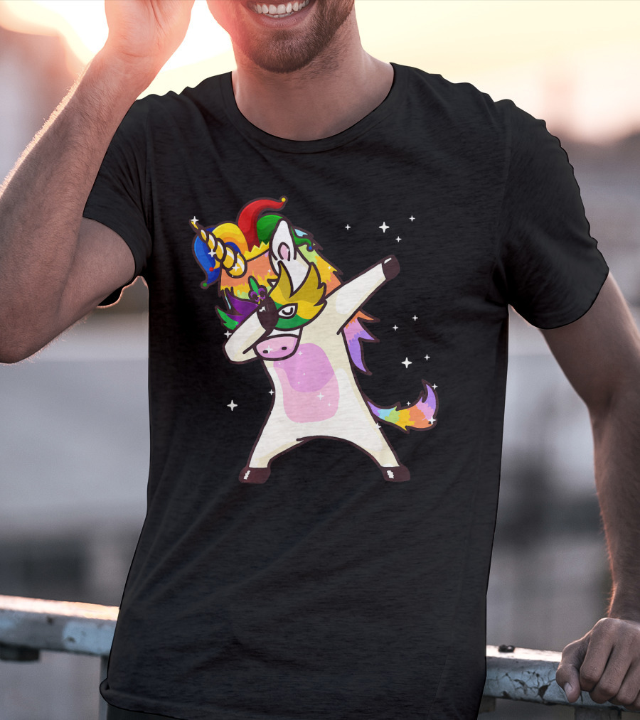 Mardi Gras Dabbing Unicorn Jester Mask Party T-Shirt