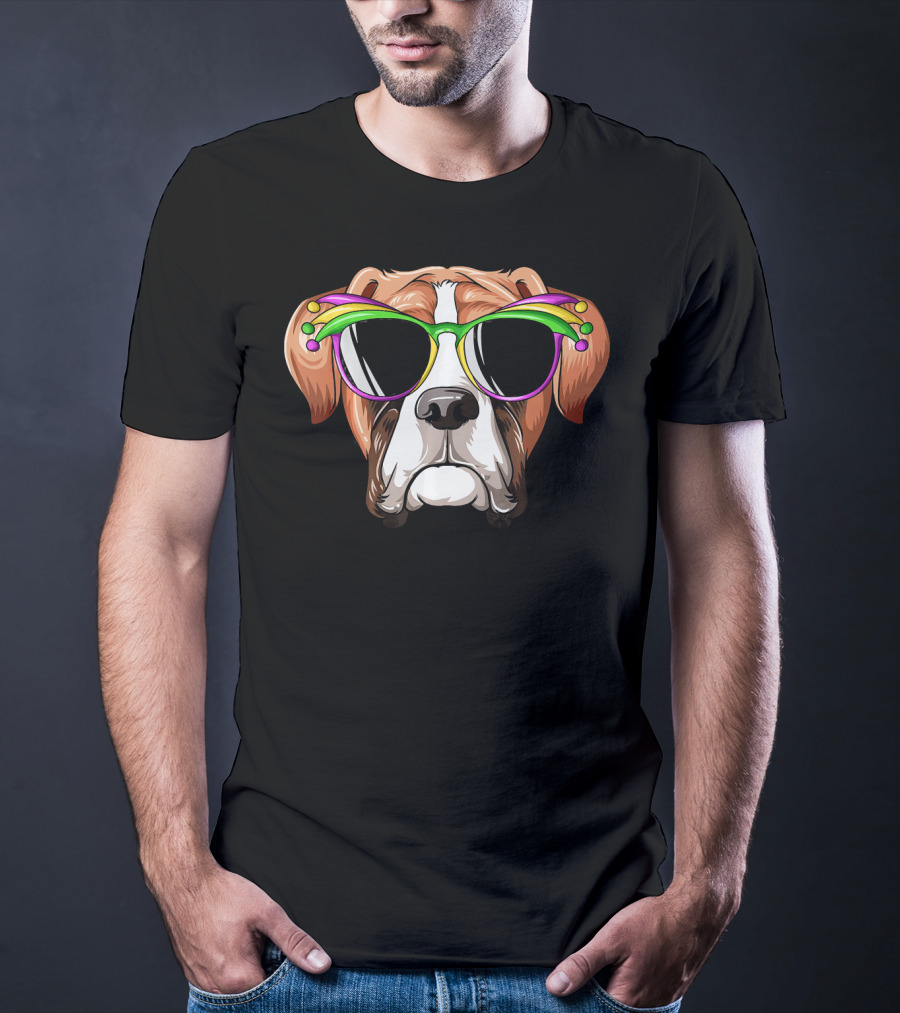 Boxer Dog Mardi Gras Jester Glasses Carnival Mask T-Shirt