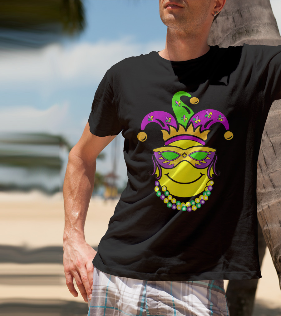 Mardi Gras Emoji Jester Mask Fleur-de-Lis Beads Funny Mardi Gras Lover T-Shirt