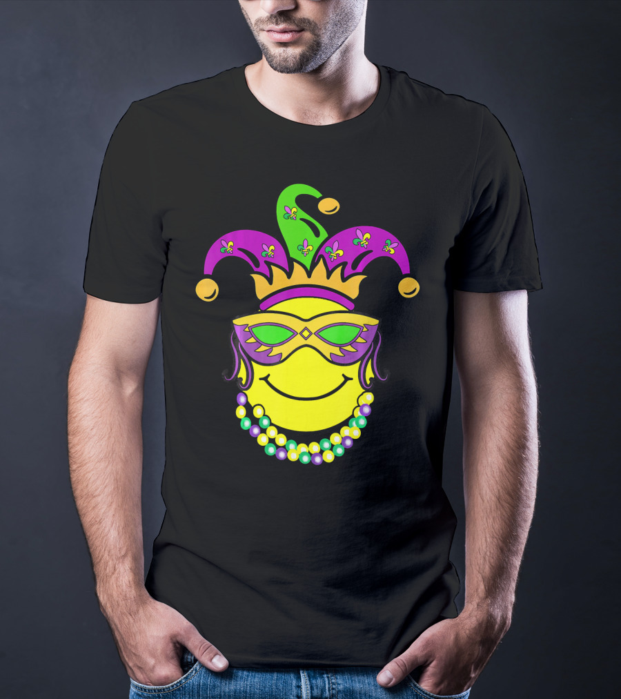 Mardi Gras Emoji Jester Mask Fleur-de-Lis Beads Funny Mardi Gras Lover T-Shirt