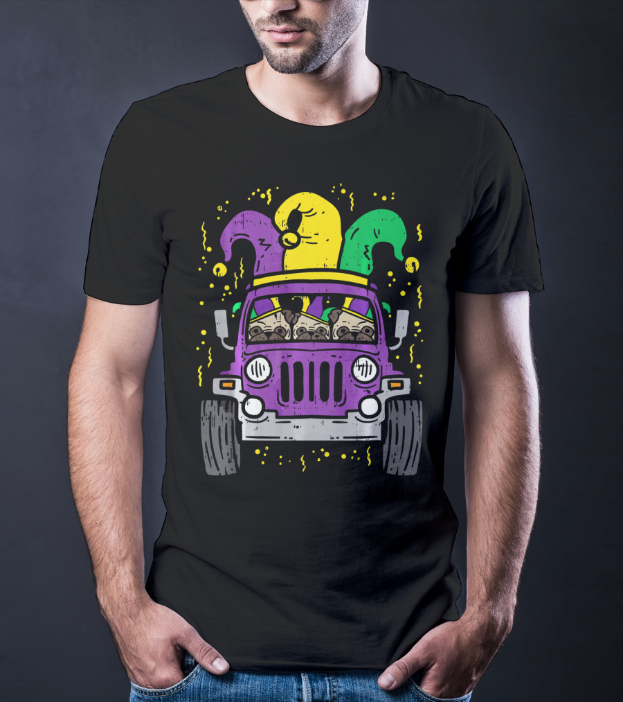 Mardi Gras Jester Pug Dogs In Purple Car T-Shirt