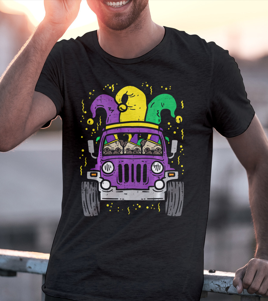 Mardi Gras Jester Pug Dogs In Purple Car T-Shirt