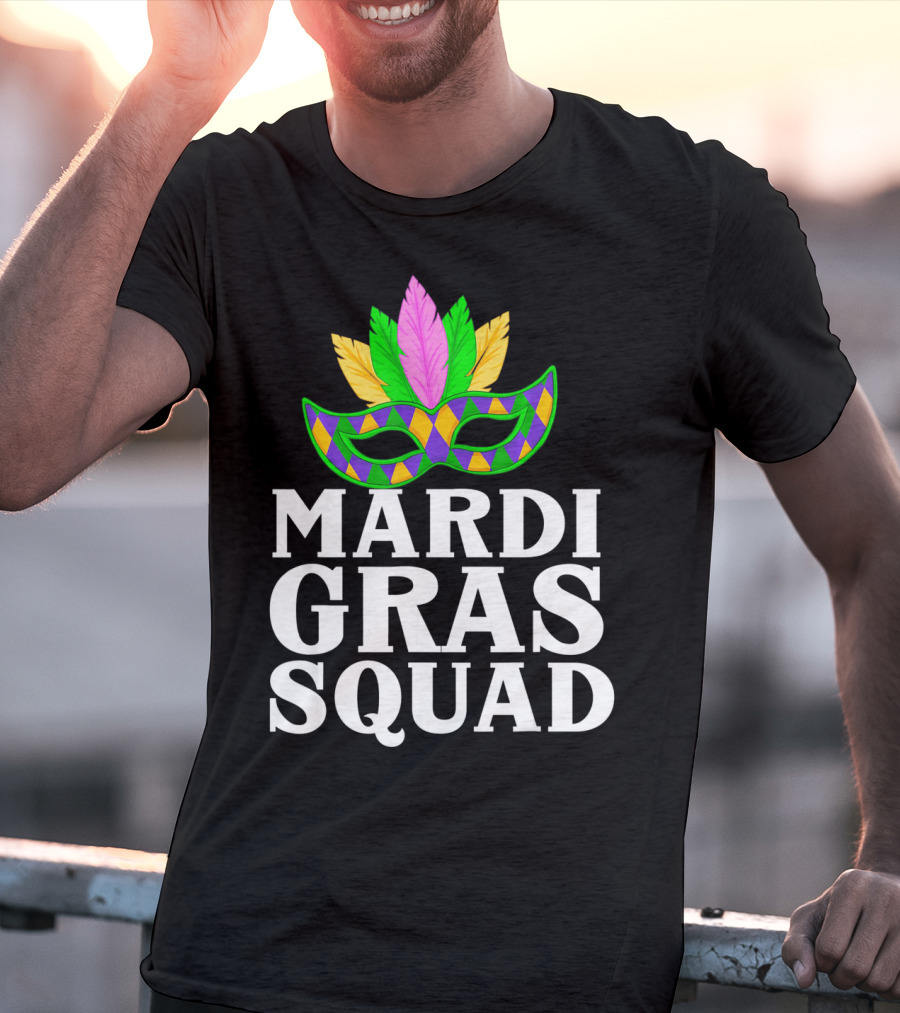 Mardi Gras Squad Colorful Mask And Feathers T-Shirt