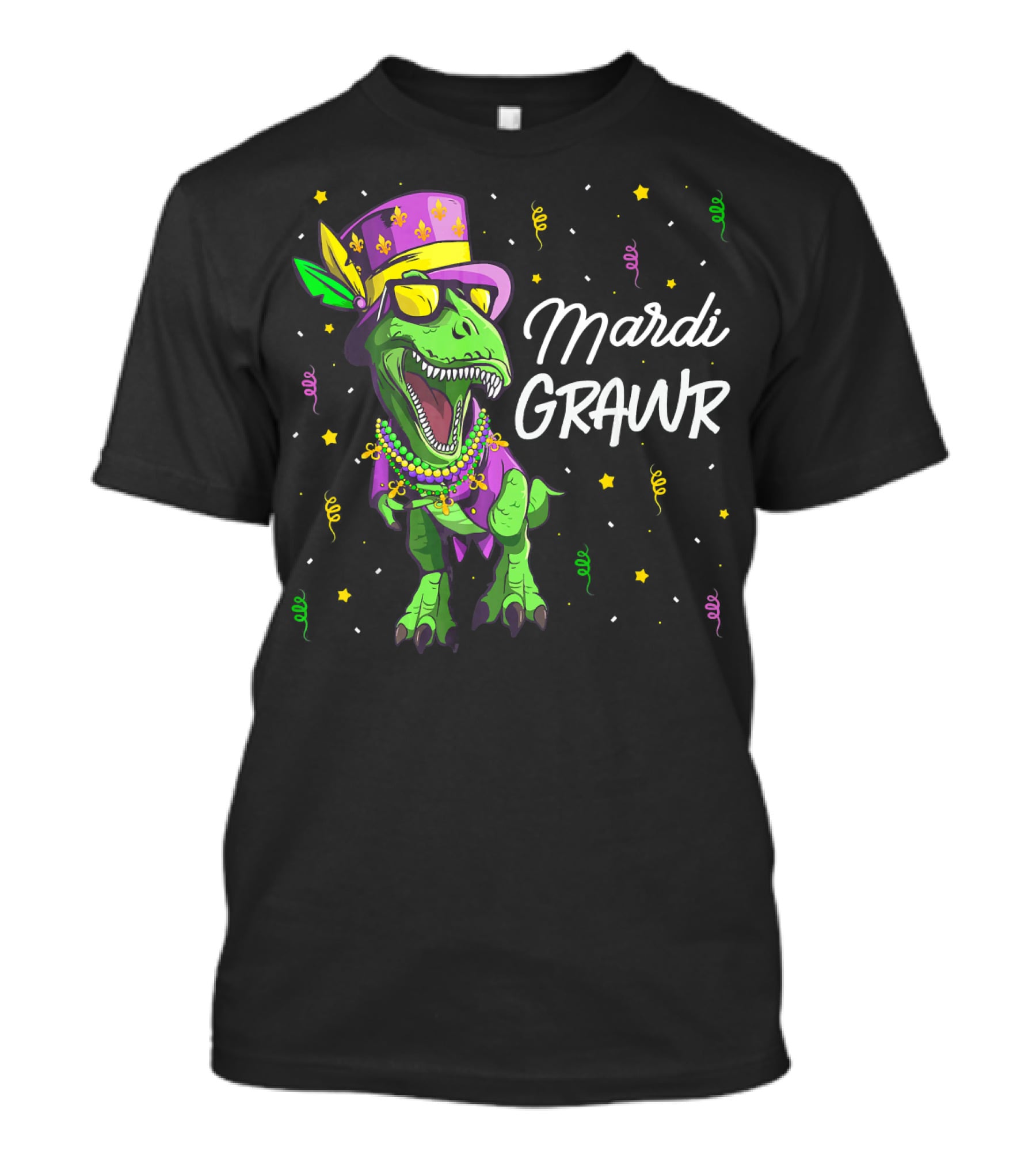 Mardi Grawr T-Rex Dinosaur Mardi Gras Beads And Hat T-Shirt
