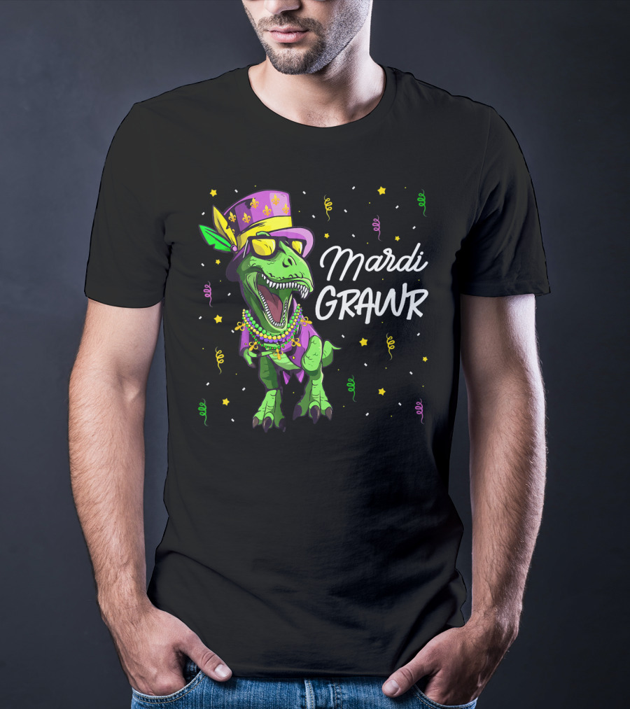 Mardi Grawr T-Rex Dinosaur Mardi Gras Beads And Hat T-Shirt