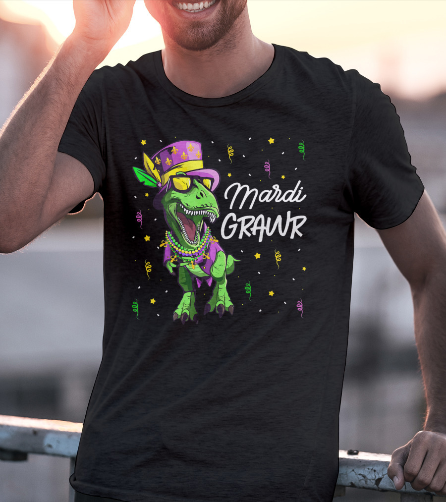 Mardi Grawr T-Rex Dinosaur Mardi Gras Beads And Hat T-Shirt