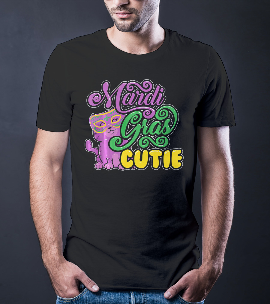 Mardi Gras Cutie Girls Parade Cute Novel Cat With Mask T-Shirt