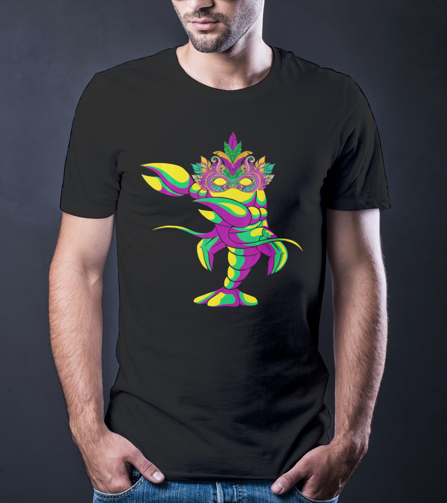Dabbing Crawfish With Colorful Mardi Gras Mask And Feathers T-Shirt